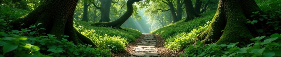 Obraz premium Overgrown stone path through a thicket of trees, branch, forest