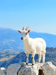 A Cute Goat on a Mountain Peak - A young, white goat stands majestically on a rocky mountaintop against a vibrant blue sky.  The image symbolizes serenity, freedom, grace, resilience, and nature's bea