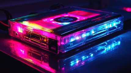 A vibrant and visually striking image of a transparent cassette tape illuminated with colorful LED lights in shades of pink and blue. The cassette is positioned on a dark glossy surface, which reflect