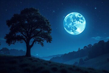 Fototapeta premium Nighttime scene with full moon and sparkling stars amidst a grove of ancient trees, full moon, forest, stars