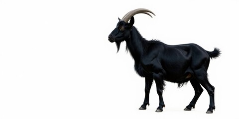 A majestic black goat with curved horns stands gracefully isolated on a white background, showcasing its powerful physique and elegant posture.