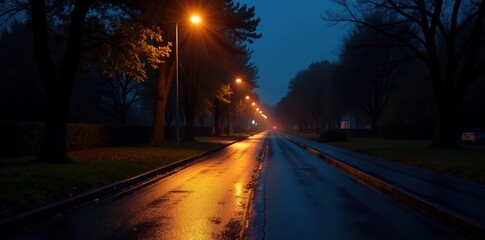Streetlight casts a warm glow on the wet asphalt at night, light, illuminated path