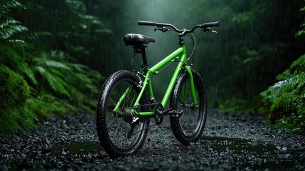 Fototapeta premium Green bike on rainforest trail, rain, adventure