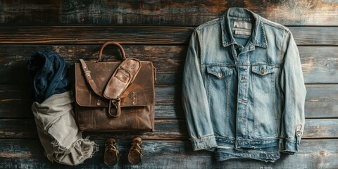 Casual clothing and accessories arranged on a wooden surface, suitable for fashion marketing, lifestyle blogs, and e-commerce.