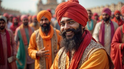 Fototapeta premium Young Sikh Man in Traditional Punjabi Attire Performing Bhangra at Camel Festival