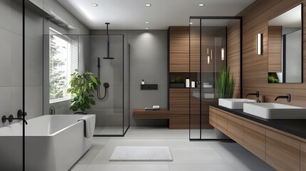 Modern minimalist bathroom design gray and wood tones