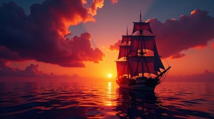 A Majestic Sailing Vessel Navigates the Crimson Waters at Sunset, Silhouetted Against a Dramatic Sky