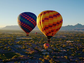 Fototapeta premium Colorful Hot Air Balloons Soaring Over Scenic Landscape at Sunrise with Mountain Backdrop