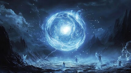 A mystical scene depicting a luminescent blue orb surrounded by ethereal figures in a dark, otherworldly landscape. The glowing orb emits beams of light, creating an enchanting atmosphere amidst rocky