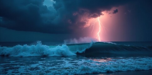 Darkening sky with stormy clouds and lightning illuminates the oncoming wave, stormy weather, severe weather