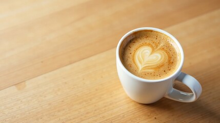 Obraz premium Aromatic Coffee with Heart Design in a White Mug on Wooden Surface