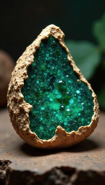 Fossilized mineral specimen with malachit decoration, gemstone, crystals