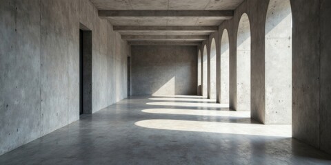 Sunlit Modern Concrete Hallway with Arched Openings and Smooth Floor