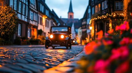 Vintage Car Driving Through Historic Cobblestone Street in Charming Town at Twilight