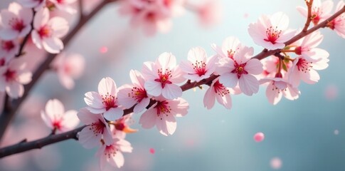 Fototapeta premium Dainty cherry blossoms falling from tree branches, floral, white