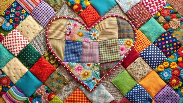 Colorful Patchwork Quilt with Heart Design and Vibrant Patterns
