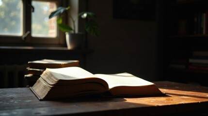 Sunlight illuminates an open antique book resting on a weathered wooden surface near a window, stacks of books nearby, bathed in a warm, inviting glow.