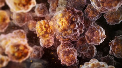 Close up view of cancer cells displaying abnormal shapes and aggressive characteristics