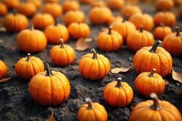 Obraz premium Golden orange pumpkins scattered on dry earth, pumpkin patch, autumn leaves
