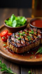 Grilled steak on wooden plate with BBQ sauce and sides, wood, steak plate