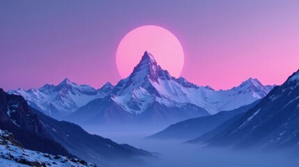 Serene Sunrise Over Majestic Snow-Capped Peaks, a Breathtaking View of a Pink Sun Rising Behind a Mountain Range