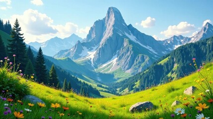 Obraz premium Serene Mountain Vista A Picturesque Meadow Flourishes with Wildflowers at the Foot of Majestic Peaks Under a Bright Sunny Sky