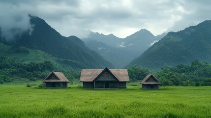 Obraz premium Rural houses amidst lush green mountains