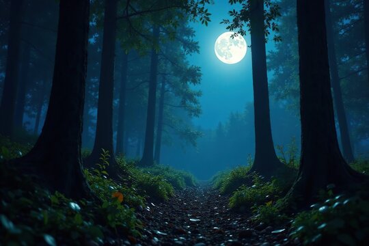 Dark forest floor with twigs and leaves under moonlight, darkness, moonlit