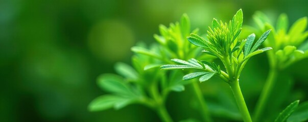 Fresh green sprig of dill with dew drops glistening on its surface, garden, botanicals