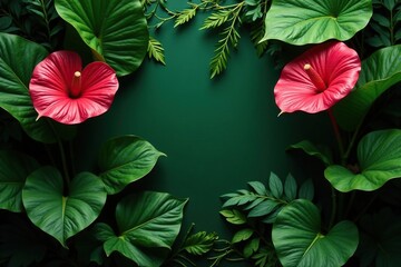 Exotic anthurium leaves in lush green background with tropical foliage and vines, greenery, nature, botanical