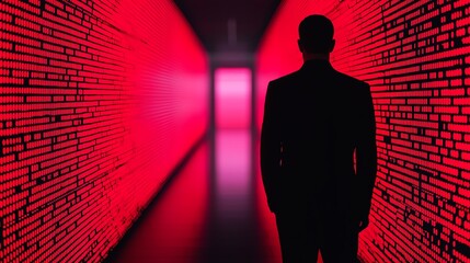 Silhouette in a red-lit corridor of mystery.