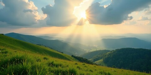 Sunlight filters through clouds over hilly countryside, natural, sunlight