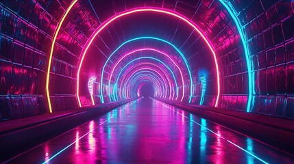 A futuristic tunnel lined with vibrant neon lights in shades of pink and blue. The reflective walls enhance the glowing colors, creating an immersive and atmospheric environment. The tunnel appears to