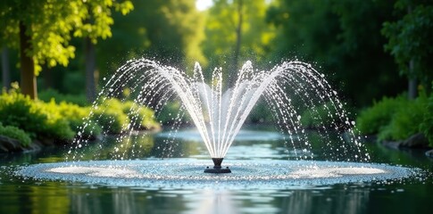 Water jets spray in a serene garden background, greenery, fountains