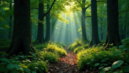 Obraz premium Dark forest floor with bright green foliage and fine webbing, autumnal, webbing