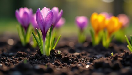 Obraz premium Close-up of hyacinths and crocuses emerging from rich soil, ground, background