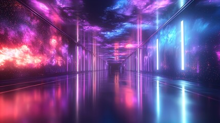 A vibrant and colorful futuristic corridor illuminated with neon lights, featuring a glossy reflective floor that enhances the ethereal ambiance. The walls are adorned with mesmerizing cosmic patterns