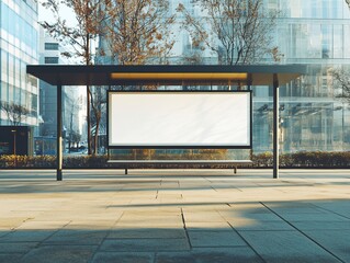 Naklejka premium A blank white billboard in the city bus stop on an empty street with glass windows and a concrete floor, a mockup template stock photo, high resolution.