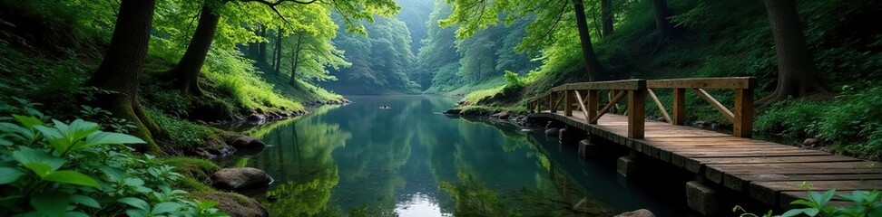 Wooden bridge in a mountain forest near a tranquil pond, vegetation, forest