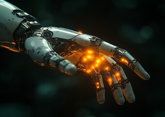 Close-up of a futuristic robotic hand with glowing joints, set against a dark background.