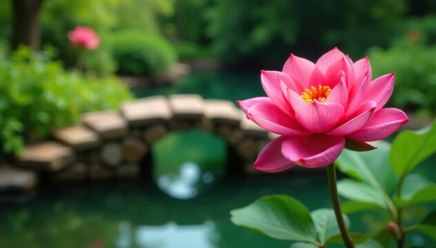 Rosa floreciente en un jard?n con un puente de piedra sobre un estanque verde, agua, naturaleza, verde