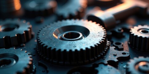 Close-up of intricate metal gears, precision engineering , steel, gear mechanism