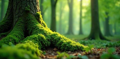 Soft moss grows on the forest tree's branches and trunk, wildlife, forest, green