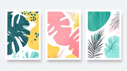 Set of three vibrant summer-themed posters  , featuring green and pink tones, abstract geometric pattern, and tropical leaves