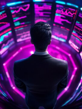 Analyst in a Futuristic Financial Center - A lone analyst reviews data streams, symbolizing finance, technology, future, analysis, and strategy.