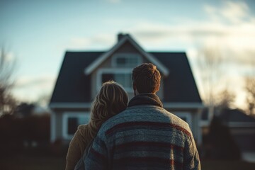 Couple enjoying a quiet moment in front of their cozy home during sunset