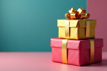 Obraz premium Gold bow-topped present on top of a multicolored stack, gold, presents, wrapping paper