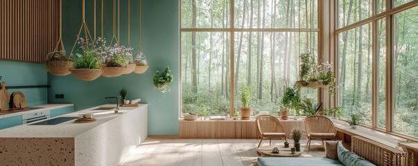 An elegantly simple living room and kitchen with powder blue walls