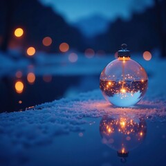 A blue LED lighted Christmas ball is placed on a frozen pond, frozen pond, LED lights, icy landscape