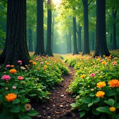 Fototapeta premium Forest floor covered in wildflowers amidst towering trees, flora, undergrowth